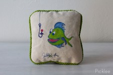 Hand Painted “Fish Bait” Childrens Pillow [Green Fish]