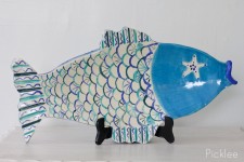 Handmade Ceramic Fish Platter, Blue + Cream [Large]