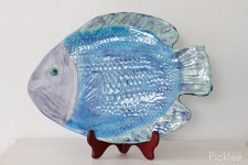 Handmade Ceramic Fish Platter, Blue + Green Flounder [Large]